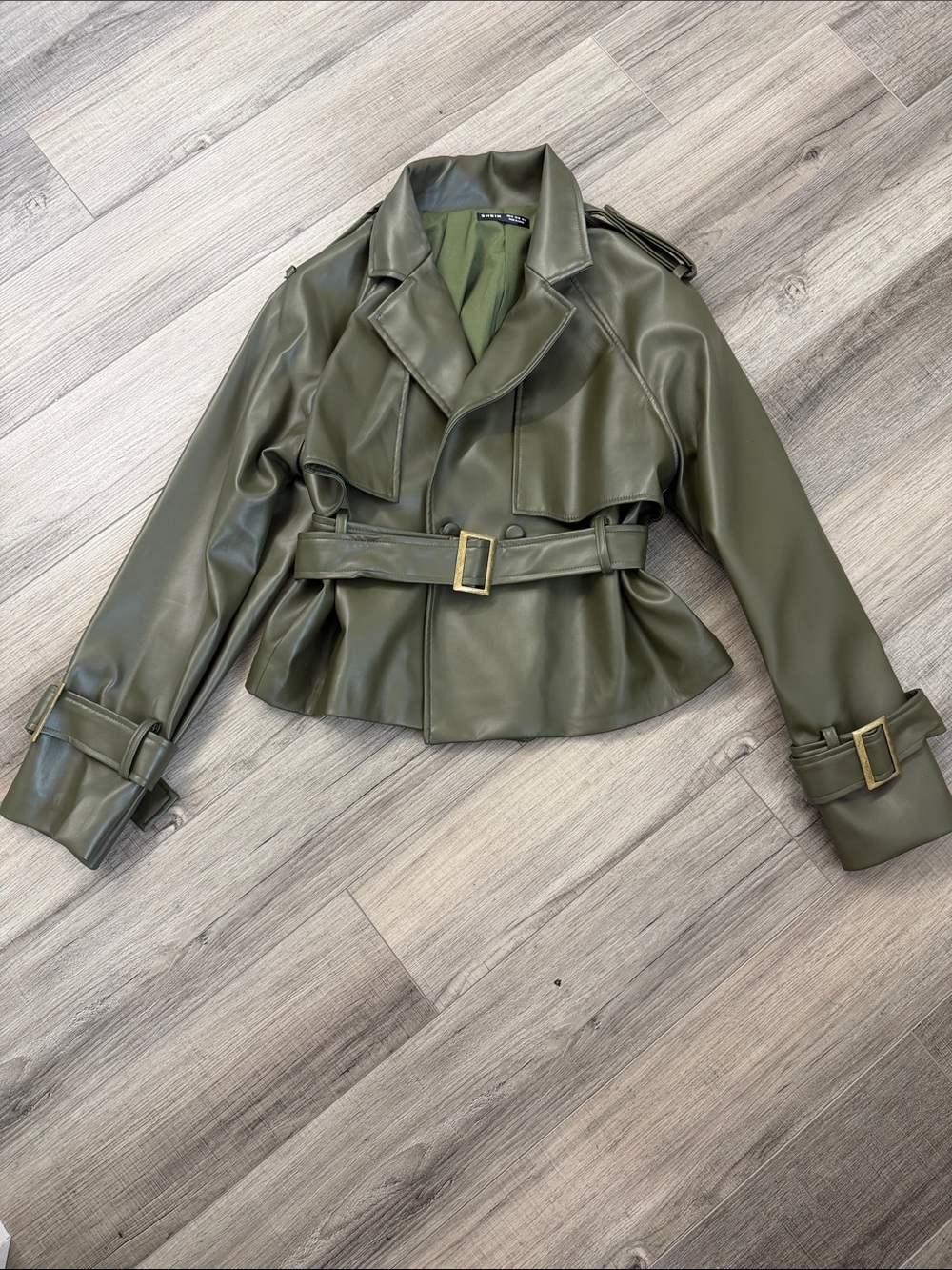 SHEIN Olive Green Faux Leather Belted Trench Coat
